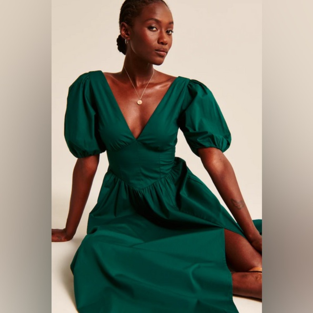 Abercrombie Green Puff Sleeve Midi Dress